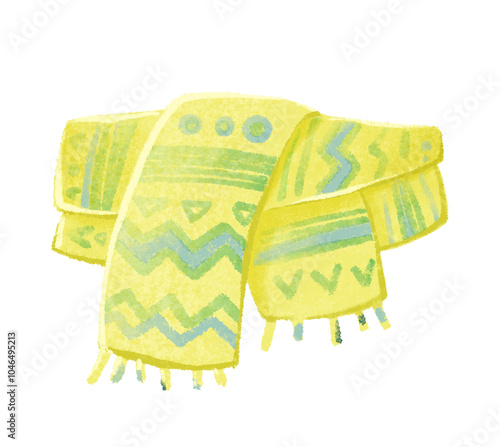 Yellow scarf with ornament and fringe. Fashionable wardrobe accessory. Warm clothes for winter, autumn, spring. Illustration on isolated background.