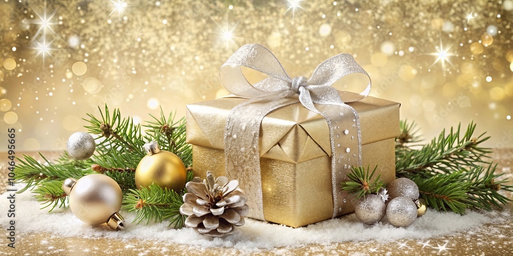 A glimmering gift box adorned with a silver bow, nestled among evergreen branches and shimmering ornaments, evokes a spirit of joy and celebration. A glimmering gift box adorned with a silver bow, nestled among evergreen branches and shimmering ornaments, evokes a spirit of joy and celebration.
