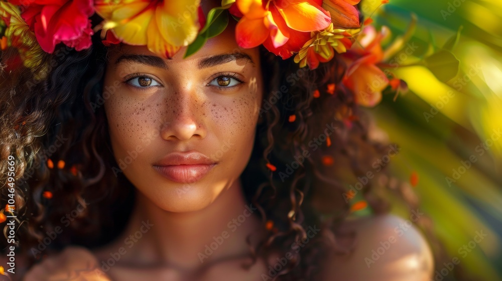 Exotic expression of a Latin American girl with a flower crown Exotic expression of a Latin American girl with a flower crown