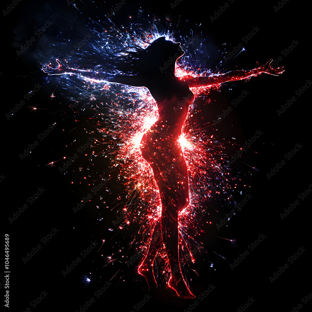 Naklejka premium Silhouette of a woman surrounded by red white and blue sparks for the 4th of July 