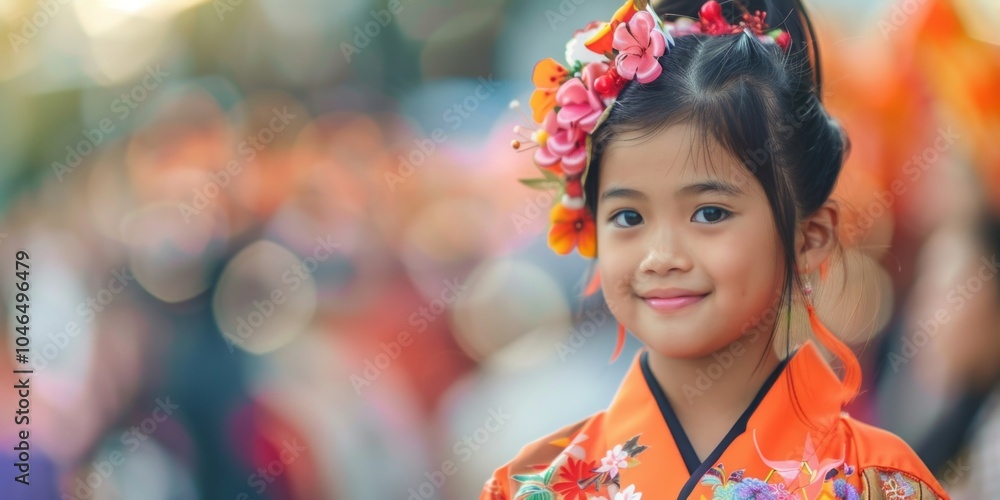Young Girl in Traditional Japanese Kimono with Floral Hair Accessories Young Girl in Traditional Japanese Kimono with Floral Hair Accessories