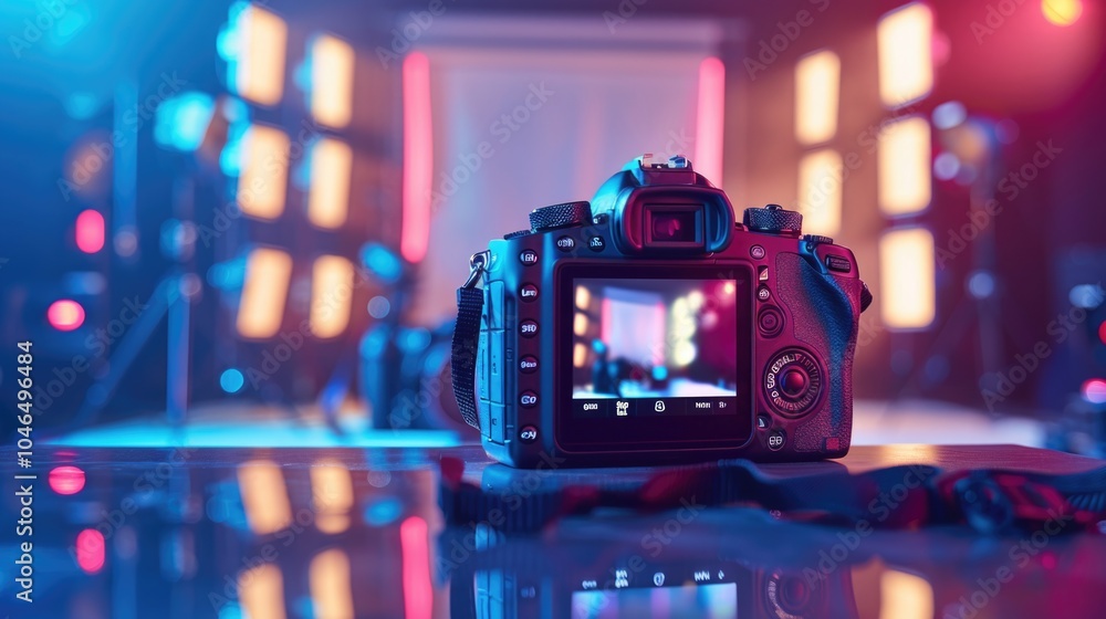 Vibrant Neon Lights Reflecting on Professional DSLR Camera