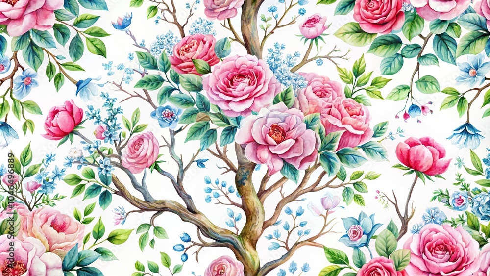 Watercolor garden rose bouquet and blooming tree seamless pattern with chinoiserie floral texture on white silhouette Watercolor garden rose bouquet and blooming tree seamless pattern with chinoiserie floral texture on white silhouette