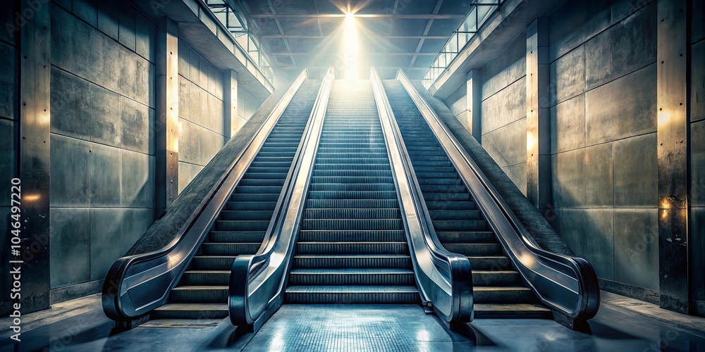 A luminous beam of light illuminates the top of a pair of gleaming escalators, inviting exploration and upward progress in a modern architectural space. A luminous beam of light illuminates the top of a pair of gleaming escalators, inviting exploration and upward progress in a modern architectural space.