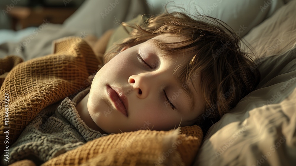 Serene Child Asleep in Cozy Bed with Warm Sunlight Serene Child Asleep in Cozy Bed with Warm Sunlight
