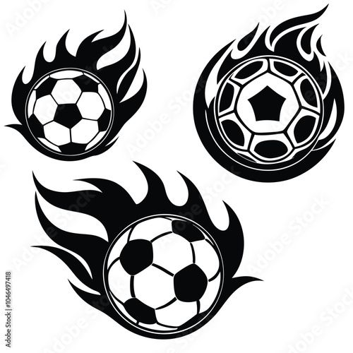 A set of three templates with soccer balls and flames. Elements for design. Coloured vector illustration.