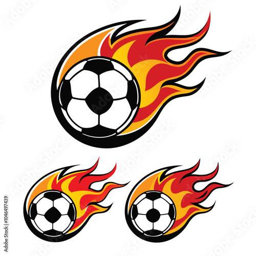 A set of three templates with soccer balls and flames. Elements for design. Coloured vector illustration.