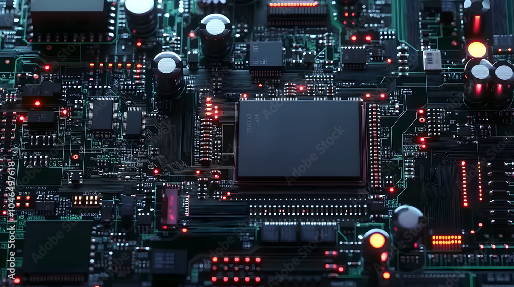 Fototapeta premium Intricate details of circuit board showcase electronic components and their connectivity features