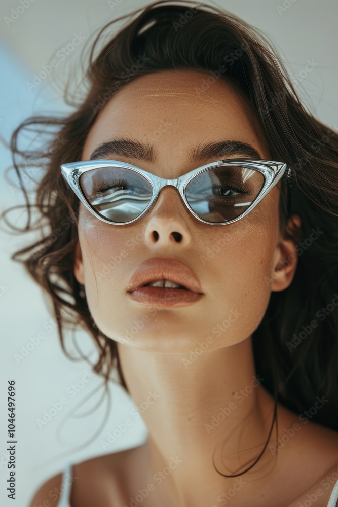 Stylish Young Woman in Chic Sunglasses with Windblown Hair Stylish Young Woman in Chic Sunglasses with Windblown Hair