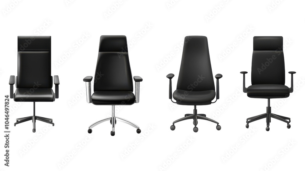 Four modern office chairs in black leather with various designs showcased on a transparent background for ergonomic seating options. Four modern office chairs in black leather with various designs showcased on a transparent background for ergonomic seating options.