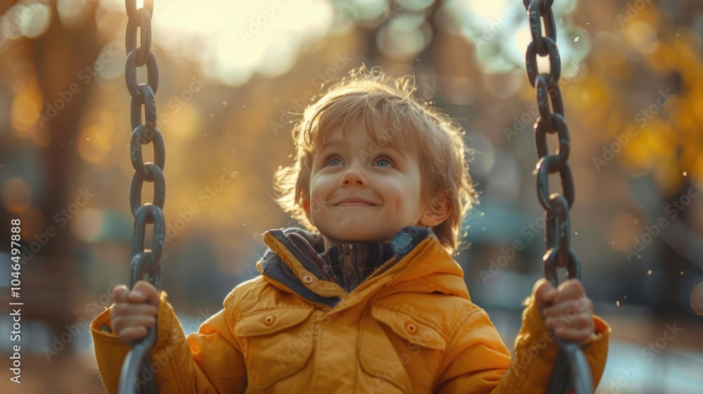 Joyful Child Swinging in Autumn Park at Sunset Joyful Child Swinging in Autumn Park at Sunset