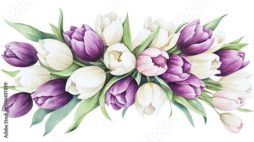 Wallpaper Mural A vibrant arrangement of purple and white tulips, beautifully illustrated with lush green leaves, creating an elegant floral display. Torontodigital.ca