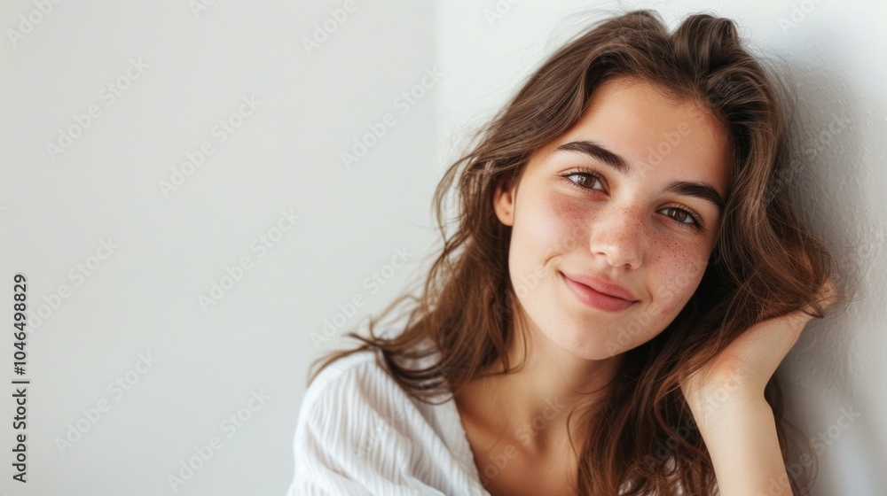 Naklejka premium Girl with a gentle smile and empty space for your creative additions.