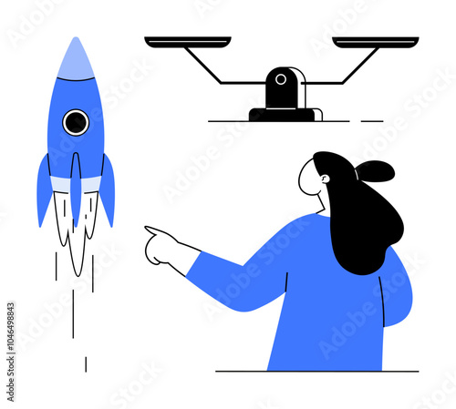 Woman pointing at a rocket launching with a scale balance above her head in a minimalist, vector style. Ideal for innovation, technology, progress, balance, aspiration