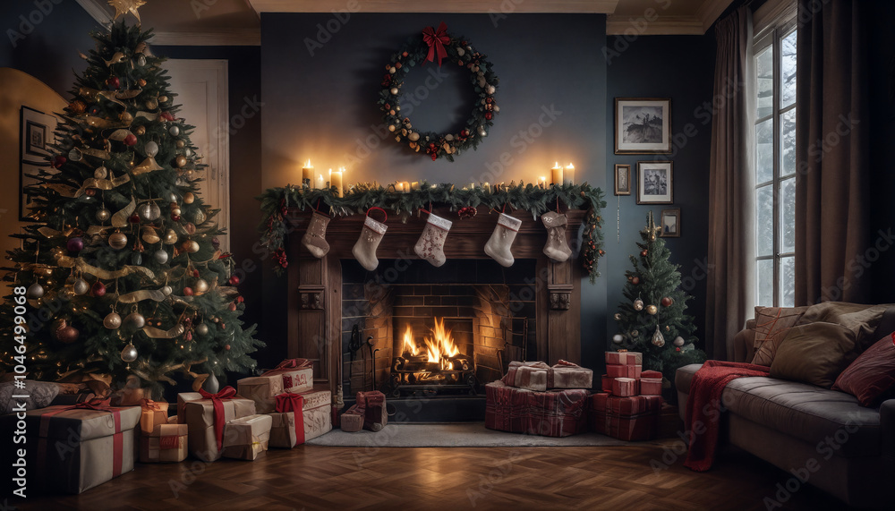 Obraz premium Cozy Christmas living room with decorated trees, stockings, and gifts by the fireplace on a winter evening