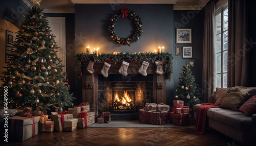 Wallpaper Mural Cozy Christmas living room with decorated trees, stockings, and gifts by the fireplace on a winter evening Torontodigital.ca