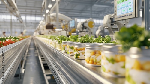A modern food processing facility with jars of preserved vegetables moving along a conveyor belt, showcasing automated systems and vibrant produce.