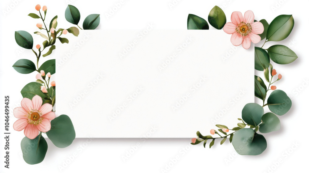 Fototapeta premium Beautiful floral frame featuring pink flowers and green leaves, perfect for invitations or announcements. design evokes sense of elegance and freshness
