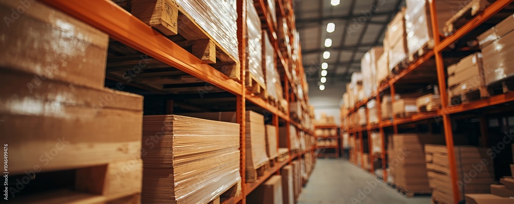 Obraz premium Efficient Hydraulic Lift in Warehouse Operations - Elevated View of Material Transport with Soft Diffused Lighting