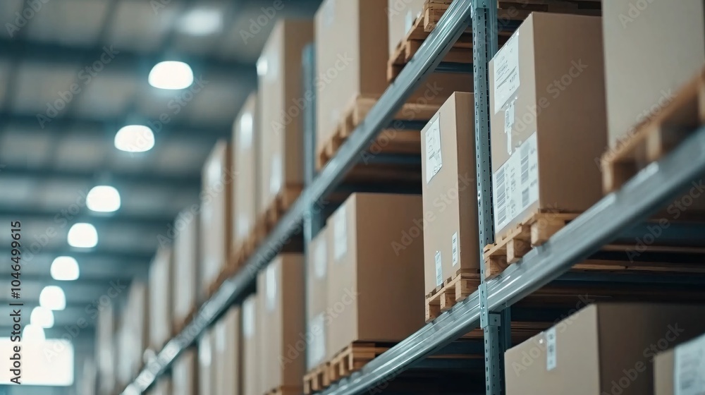 Fototapeta premium Efficient Hydraulic Lift in Action at Modern Logistics Center - Bright Fluorescent Lighting and Organized Racks Enhance Productivity