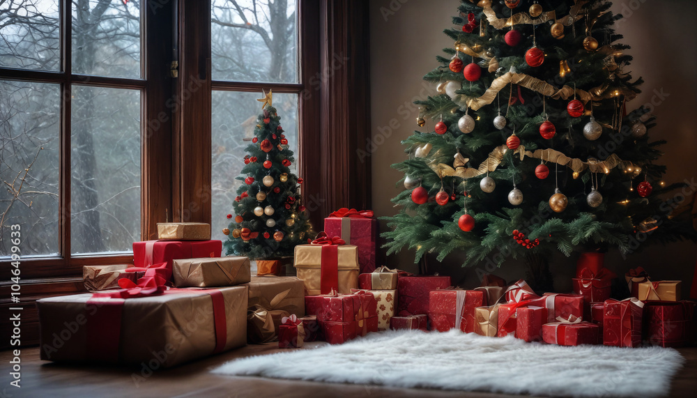 A cozy living room decorated for Christmas with two festive trees and colorful wrapped gifts on a wooden floor A cozy living room decorated for Christmas with two festive trees and colorful wrapped gifts on a wooden floor