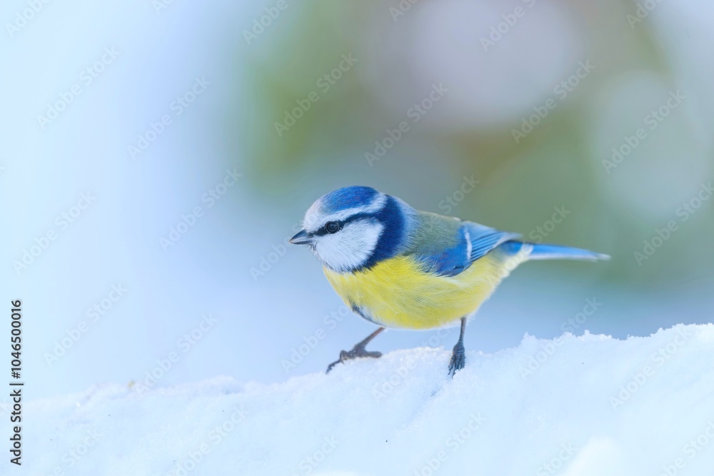 Obraz premium A cute blue tit sits in the snow. Cyanistes caeruleus. Winter scene with a titmouse. 