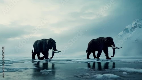 Two mammoths walk slowly across a vast, icy Antarctic field with thick fur swaying under a light drizzle of snow