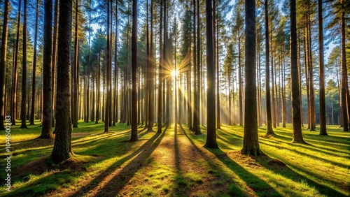 Sunlit forest with tall trees and shadows