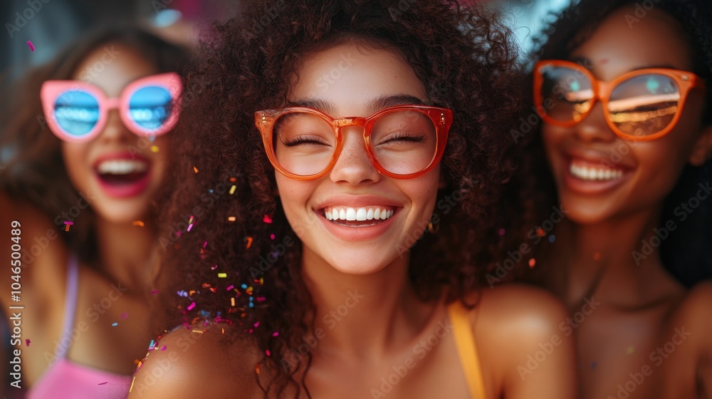 young women celebrate in a vibrant, colorful party atmosphere, throwing confetti in the air under neon lights young women celebrate in a vibrant, colorful party atmosphere, throwing confetti in the air under neon lights