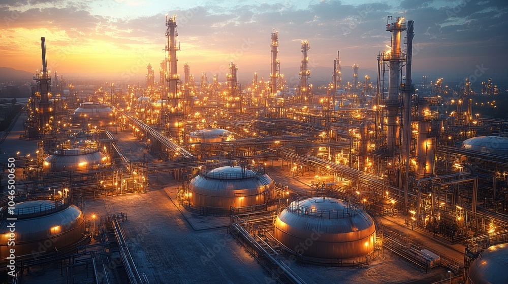 Fototapeta premium Industrial landscape at sunset with illuminated structures.