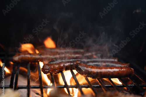 Spanish chorizo grilling over open flames with smoke rising from the hot barbecue grill