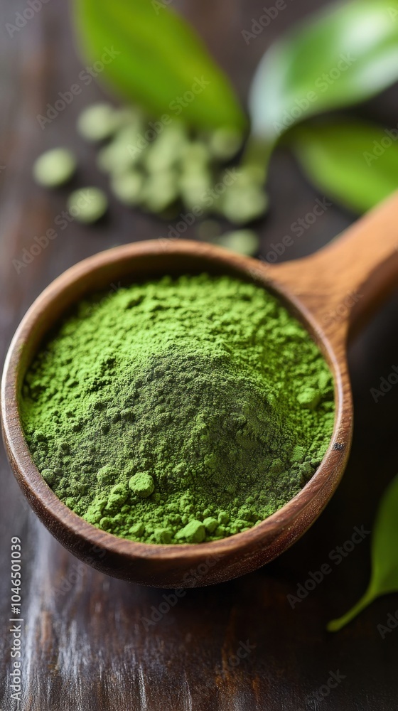Natural green powder in a wooden spoon with fresh leaves in the background, highlighting organic ingredients and healthy eating practices Natural green powder in a wooden spoon with fresh leaves in the background, highlighting organic ingredients and healthy eating practices