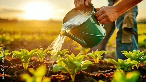 farmer watering plant shoots on agricultural land in the afternoon, with sunlight, close up perspective photo