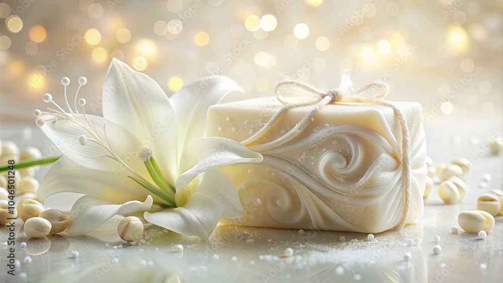 A Delicate White Lily Blooms Beside a Luxuriously Decorated Soap, Adorned with a String of Twine and Scattered with Pearl-like Beads A Delicate White Lily Blooms Beside a Luxuriously Decorated Soap, Adorned with a String of Twine and Scattered with Pearl-like Beads