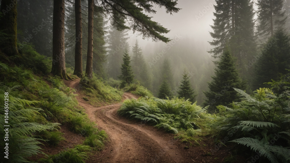 Serene mountainous landscape with mist, trees, and winding dirt path in the early morning light. Serene mountainous landscape with mist, trees, and winding dirt path in the early morning light.