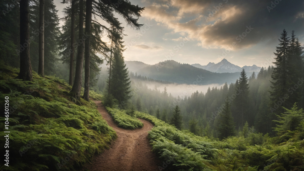 Serene mountainous landscape with mist, trees, and winding dirt path in the early morning light. Serene mountainous landscape with mist, trees, and winding dirt path in the early morning light.