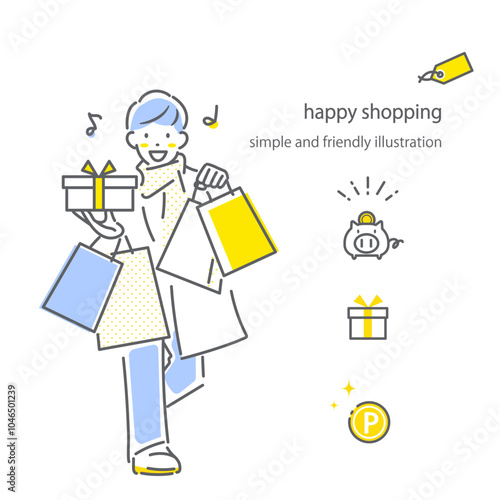 冬に買い物を楽しむ若い男性　シンプルでお洒落な線画イラスト