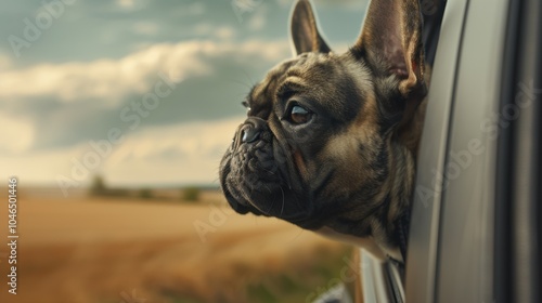 A French Bulldog with its head out of the car window