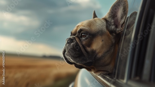 A French Bulldog enjoying a scenic ride with its head out of a car window on a cloudy day along a rural road