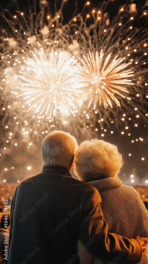 Couple enjoys a stunning fireworks display while embracing on a beautiful night, surrounded by a crowd celebrating a memorable occasion Couple enjoys a stunning fireworks display while embracing on a beautiful night, surrounded by a crowd celebrating a memorable occasion