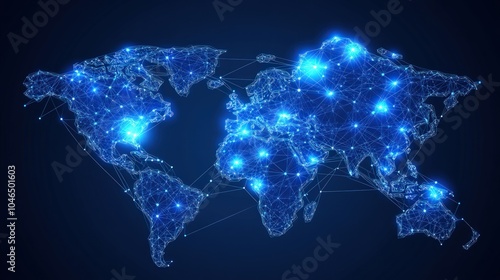 Abstract world map with glowing lines and nodes representing global connections.