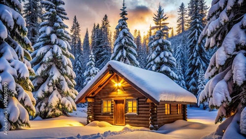 A Cozy Log Cabin Nestled Among Snow-Covered Evergreen Trees, Bathed in the Golden Glow of a Winter Sunset