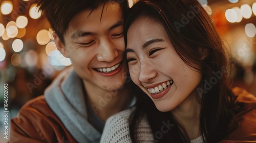 Joyful Couple Smiling and Embracing in Warm Ambient Lighting