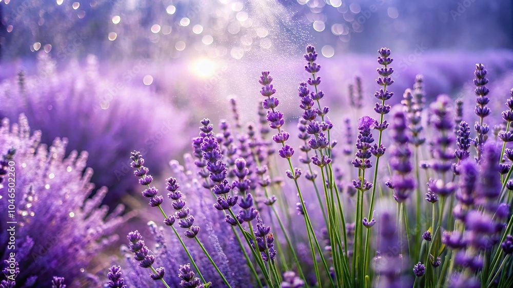 Fototapeta premium Steaming lavender fields with water droplets hanging from stalks, countryside, rural, dripping, peaceful, nature