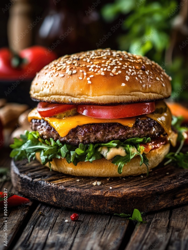 Cheeseburger on Wooden Board Cheeseburger on Wooden Board