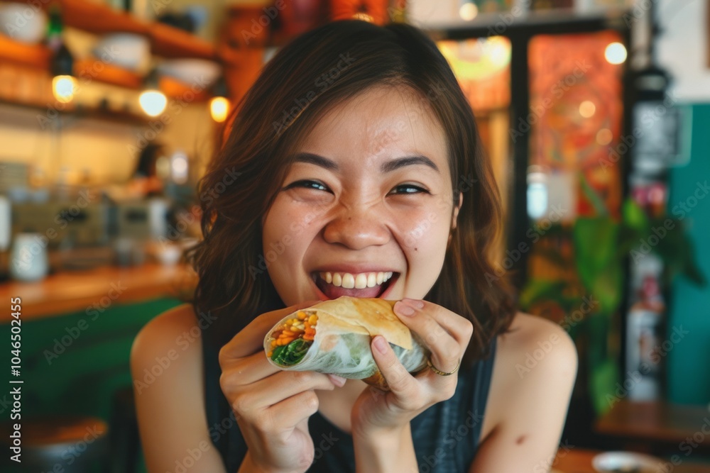 Happy Asian woman relishing a bite of crispy spring roll Happy Asian woman relishing a bite of crispy spring roll
