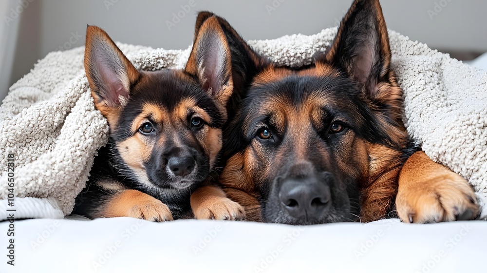 Adorable Dog and Puppy Snuggling Under Warm Blanket on White Background Adorable Dog and Puppy Snuggling Under Warm Blanket on White Background