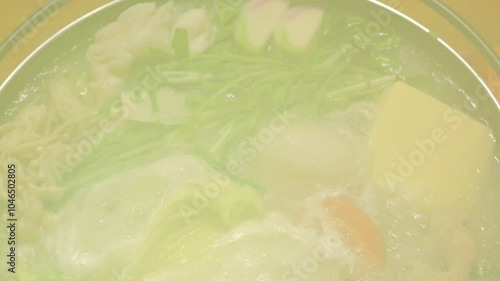 Mizore Nabe, a traditional Japanese home-style nabe dish consisting of grated radish, carrots and other vegetables, chicken, mushrooms, and seafood. photo