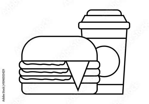 Icono negro de comida rápida con hamburguesa y refresco 