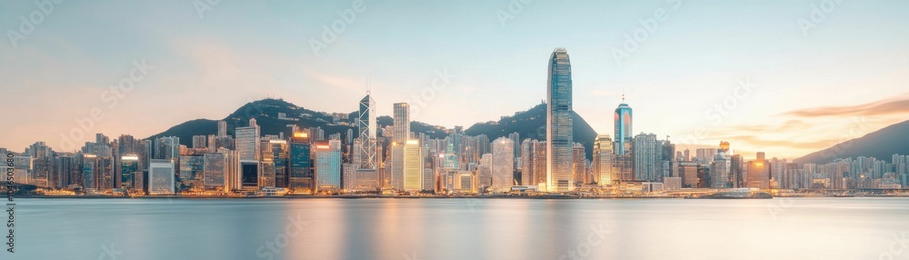 Fototapeta premium A city skyline is reflected in the water